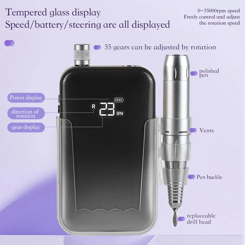 Perceuse à ongles professionnelle 35000 tr/min, polisseuse à ongles Rechargeable pour le polissage du Gel des ongles, des ongles en acrylique, élimine les callosités de la peau morte