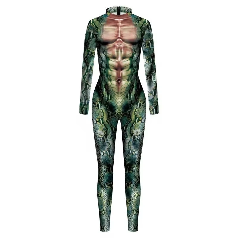 Costume d'Halloween en fausse peau de serpent pour hommes et femmes, impression numérique, costume de batterie d'animal, cosplay musculaire, combinaison de fête, sexy, adulte