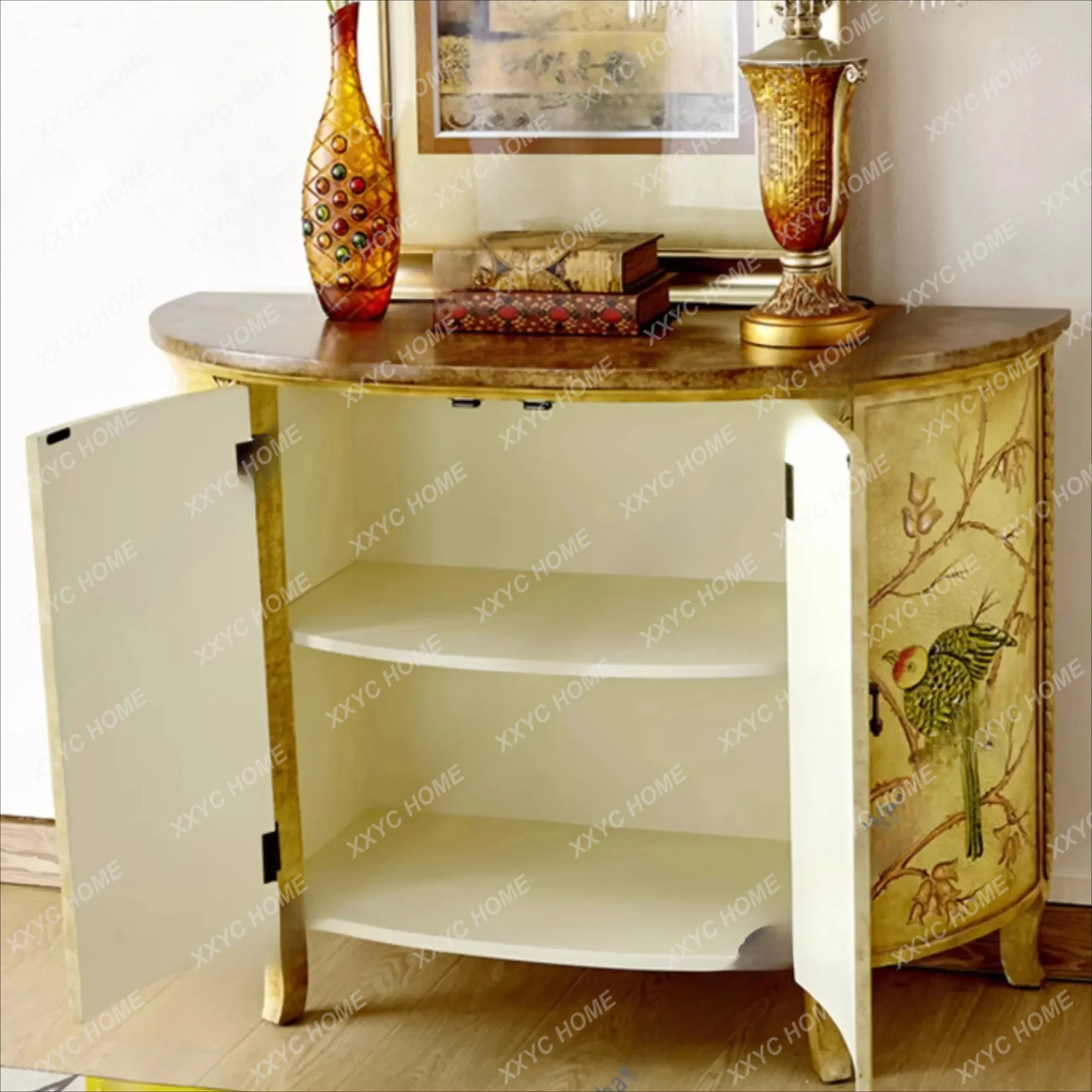 

L Solid Wood Sideboard, Painted Entryway, Vintage Old Storage, Shoe Cabinet, Hand-painted Parrot Semi-circle Storage
