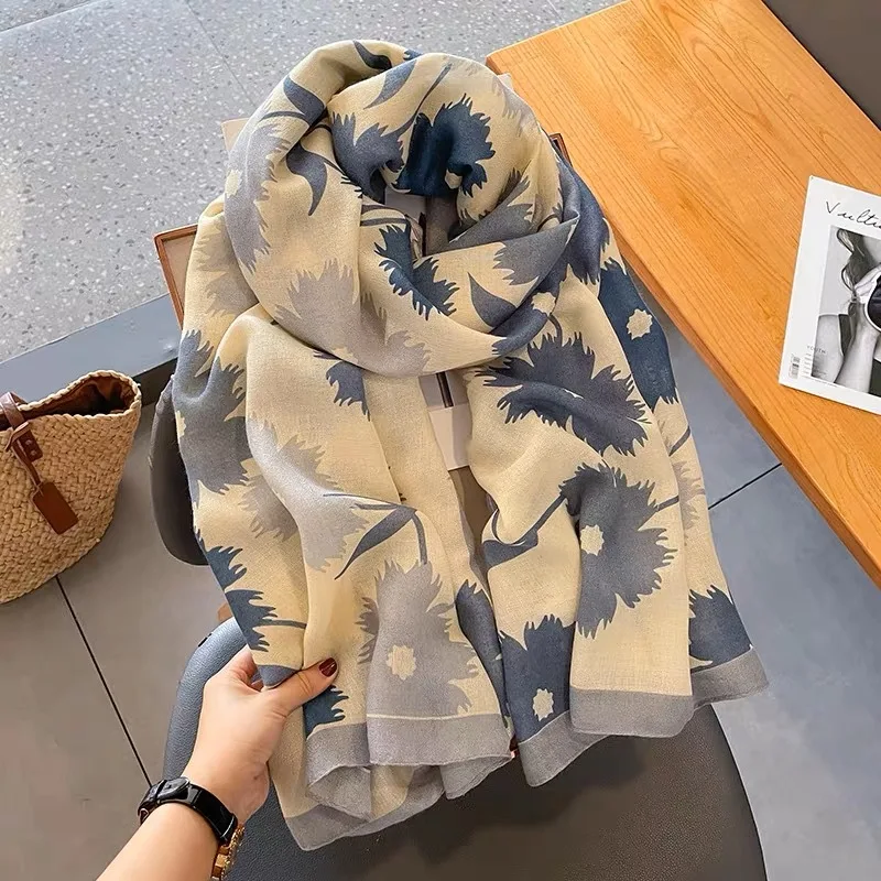 Autumn and Winter Cotton Linen Scarf Women\'s Flower Accessory Shawl Wrap Versatile Warm Knit