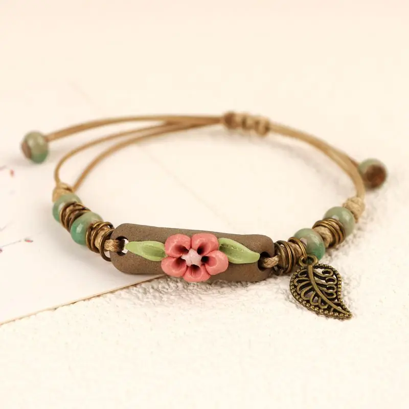 Fashion Ceramic Handmade Weave Adjustable Bracleets for Women &men Mini Flower /leaves Bead Bracelet