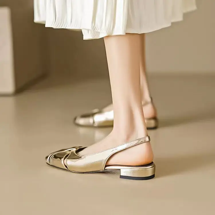 Gold and Silver Dual Color Baotou Sandals 2023 Summer New Full Leather Retro Style on The Inside and Outside, with Low Heel Sand