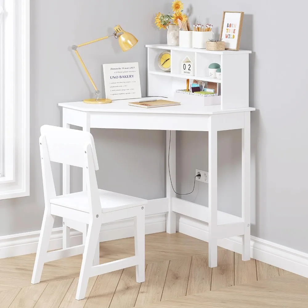 

Kids Desk, Kids Corner Desk and Chair Set, Children Study Table with Storage and Hutch for Home School Use, White