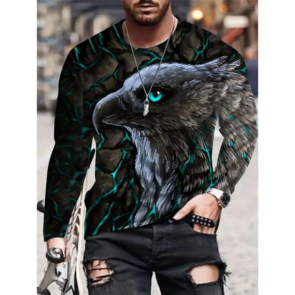 Men Long Sleeve T‑Shirt,3D Bald Eagle Animal Print Crewneck Top,Vintage Wildlife Graphic Casual Streetwear Daily Outfit