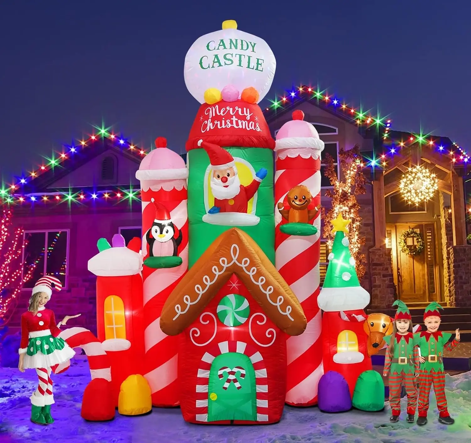 Outdoor Christmas Inflatable 10 Ft Tall Candy Castle with Santa Gingerbread And Penguin Light-Up Decoration by Flash Light Blow