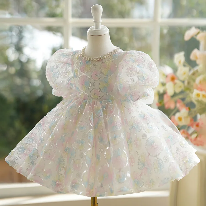 2024 Baby Girl Multi-Color Flower Party Dresses paillettes Princess Dress manica a bolle Teen Gown Large Bow Kids Vestidos for Girls