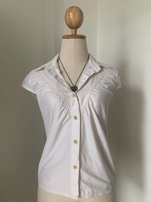 Original Retro Design Slim Fit irt f Sp สาวเกาหลี Sle Cotton Blend ort Sve Collar Pure Color Summer irt