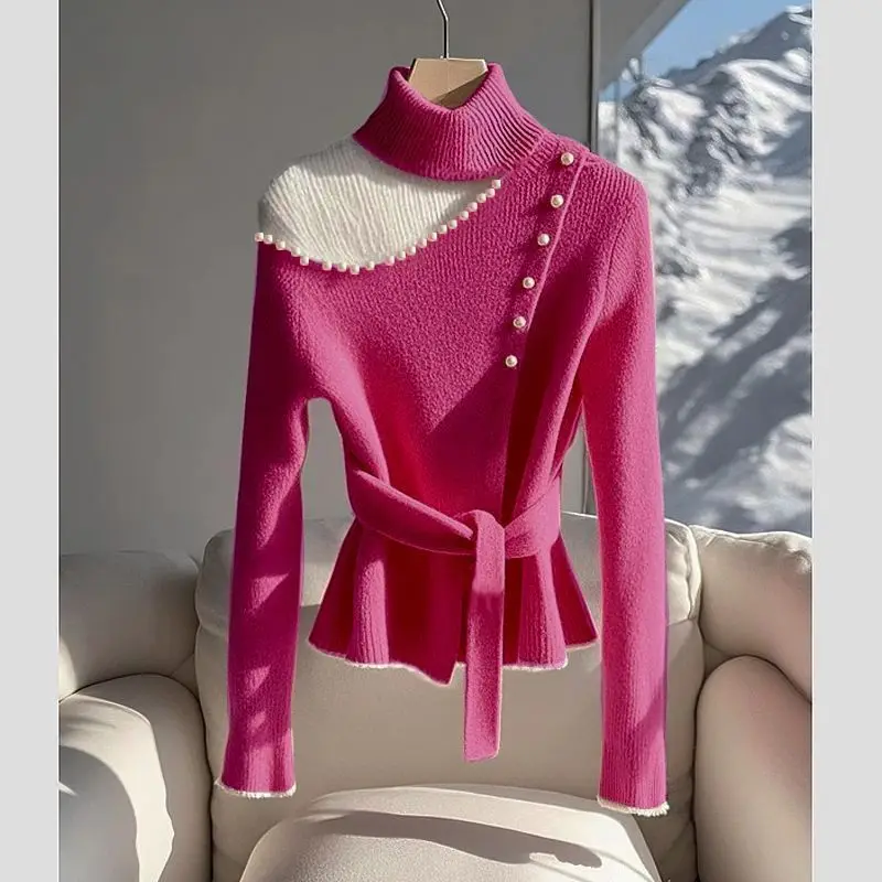 

Korean Chic Fashionable Knitting Bottoming Shirt Female New Winter Slim Irregular Turtleneck Long Sleeve Sweater Top E11263