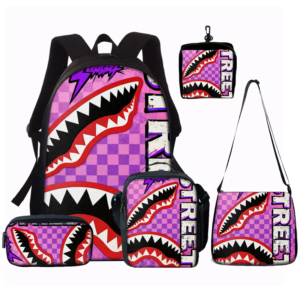 1/2/3/4/5PCS Trendy Shark Graphic Backpack Set | Perfect for School & Daily Adventures