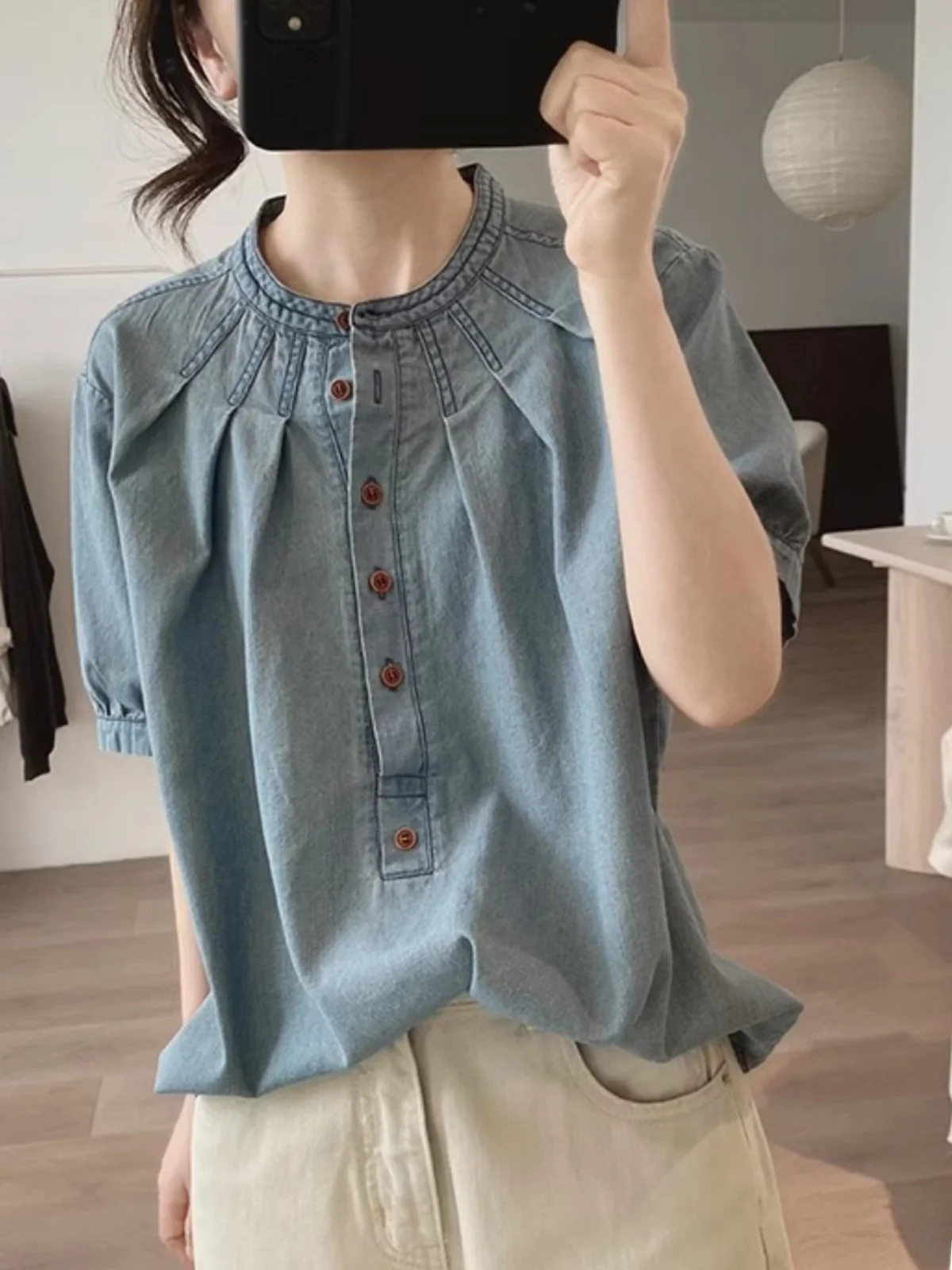 Retro Cotton Denim ort Sve irt Damen Loose Fit Casual Top Vintage Sle Sommer Neuankömmling Schlankheitseffekt