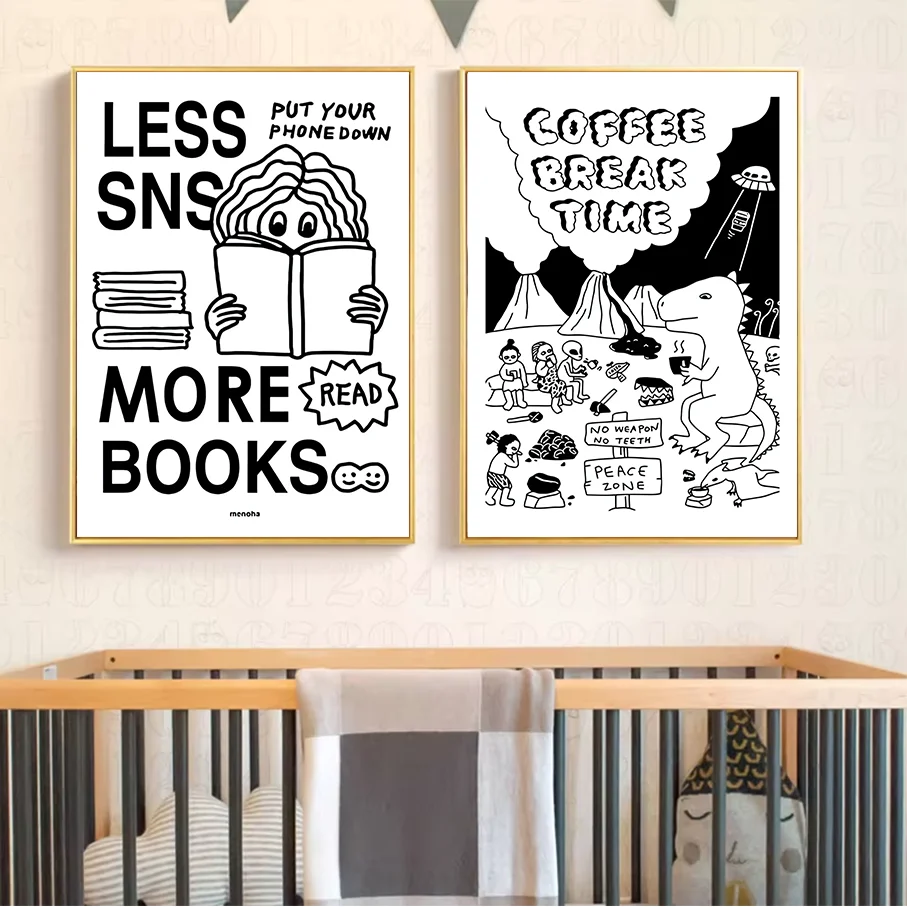 Frameless Canvas Print Black White Line Art Less SNS More Books Coffee Break Time Cartoon Dinosaur Home Decor