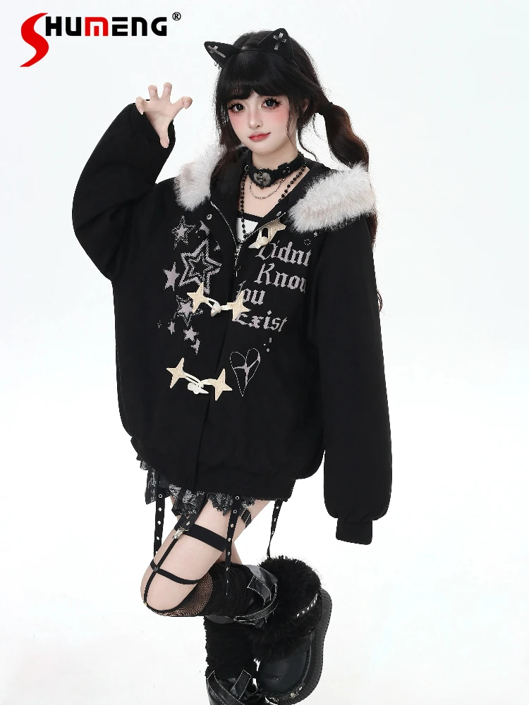 

Уличная одежда Sweet Cool Girl Star с меховым воротником и буквами, свободная универсальная повседневная толстая теплая хлопковая куртка для женщин, зимние стеганые пальто