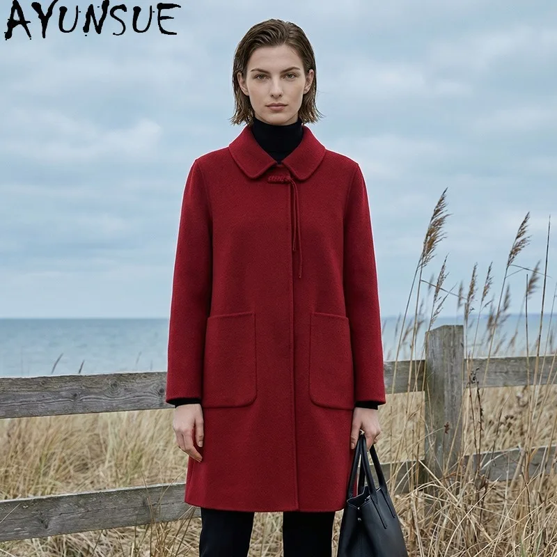 AYUNSUE Women's 100% Wool Coat Elegant Retro Mid-length Jacket Autumn Winter Double-sided Woolen Overcoat Woman Clothes Casaco