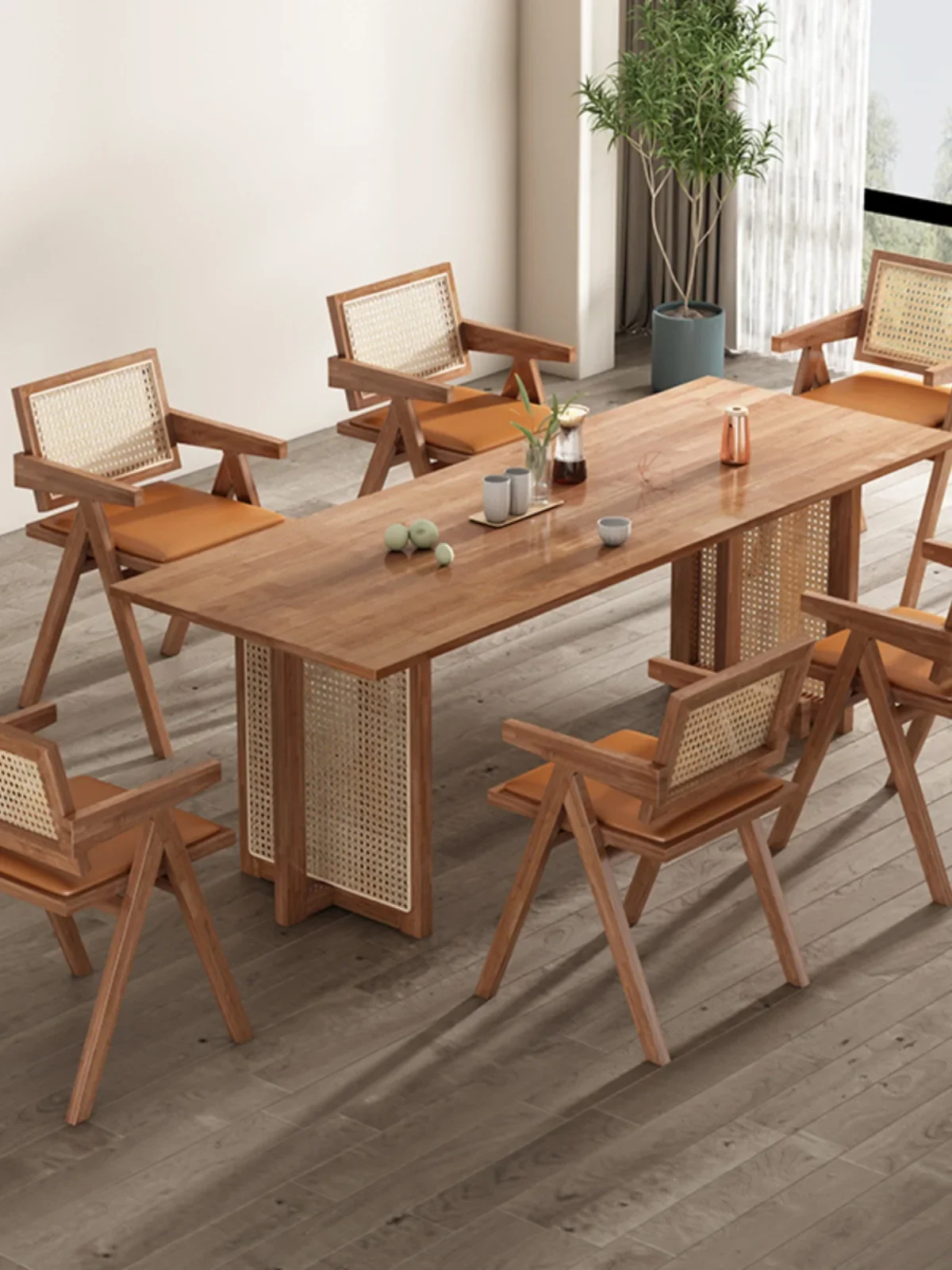 Wabi Sansan Solid Wood Rattan Dining Table Homestay Household Small Unit Dining Table Log Tea Room