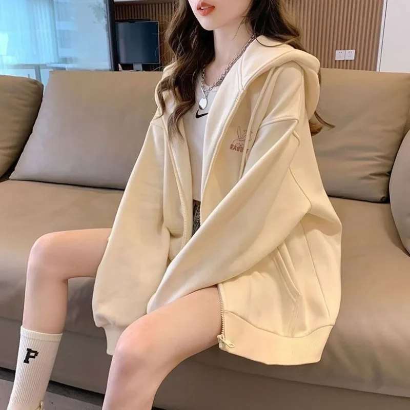 

Simple Embroidered Cartoon Rabbit Hoodies Women New Loose Casual Hooden Sweatshirts Zipper Big Pocket Lantern Sleeve Outwears