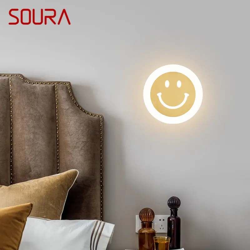 SOURA Creative Smiley Style Sconce Light Modern Brass Wall Lamp LED 3 Colors for Home Bed Room Decor