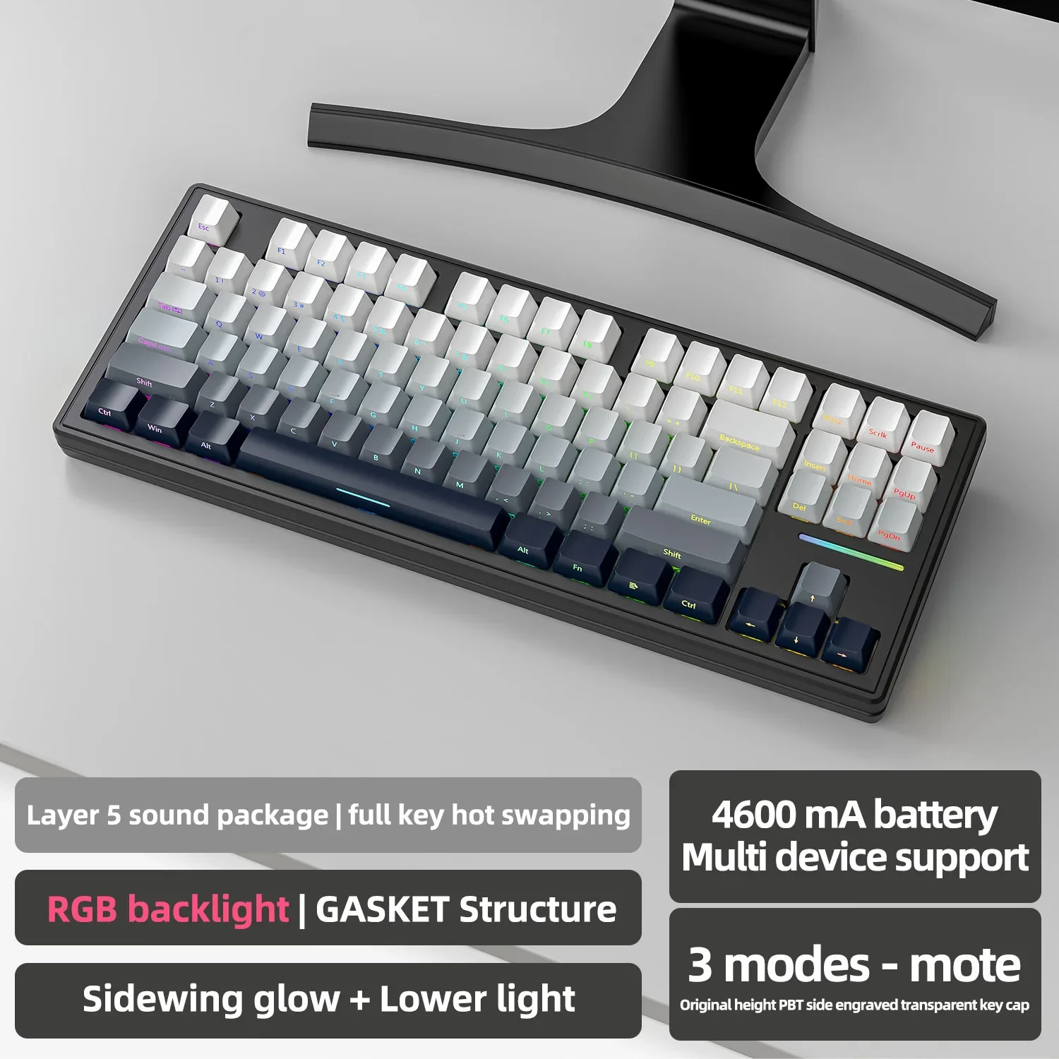 87 Keys Wireless Bluetooth Mechanical Keyboard RGB Backlighting Customized Gasket Hot-swappable Side-engraved Gaming Keyboard