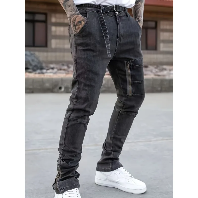 

Jeans Streetwear Clothing Fashion Trend Men's Cargo Pants for Man Clothes With Belt Washing Jean Bronson Male Trousers Jorts