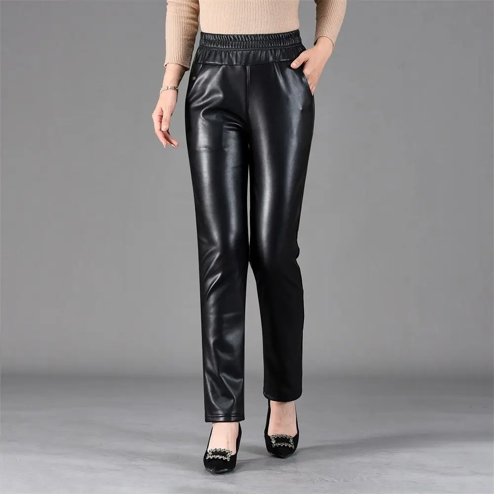 2026 Nieuwe Dameswijde, hoge taille, rechte pijp, fleece gevoerde PU broek Herfst/Winter Buitenkleding Slim Fit Broek