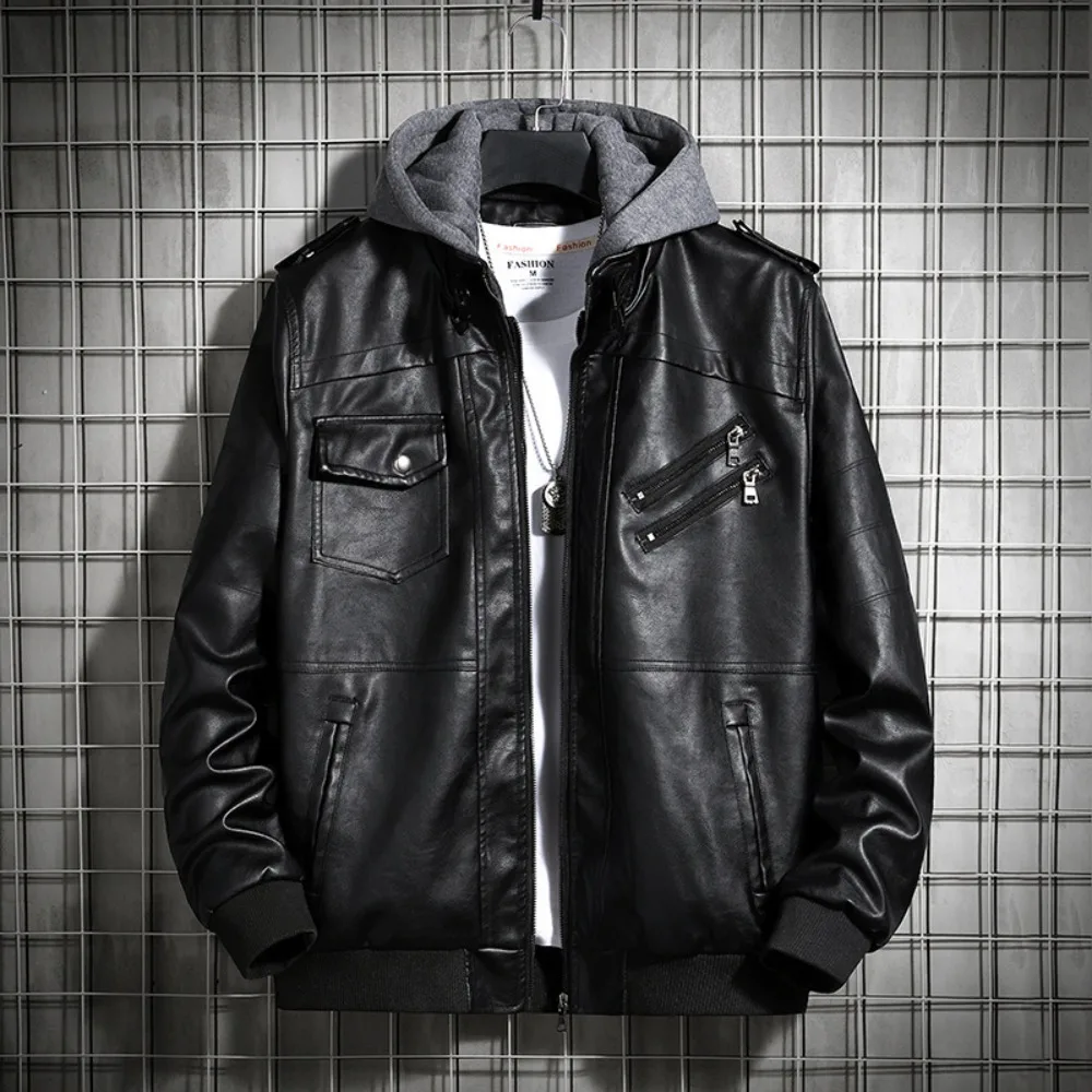 Hooded Leather Jacket Men's Jacket Winter PU Leather Coat Teenage Jackets Men's Motorcycle Leather Coat Harajuku