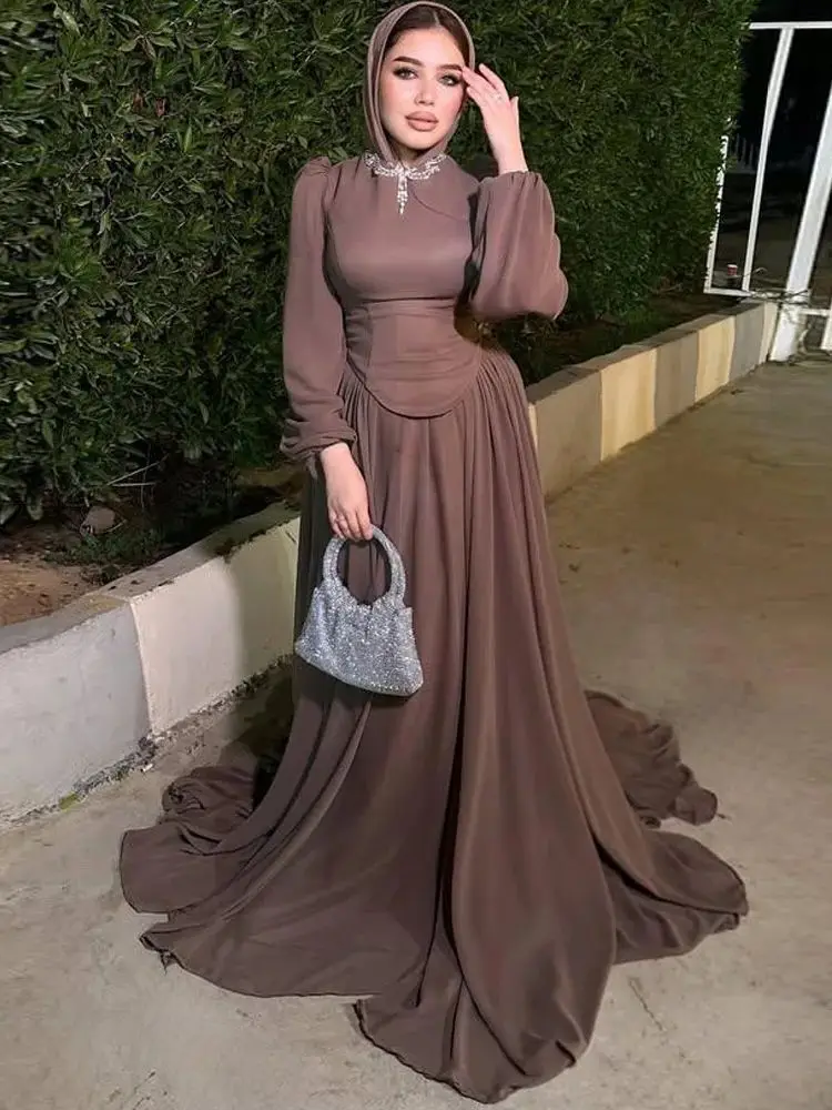 Maßgeschneidertes Abendkleid mit Laternenärmeln, O-Ausschnitt, A-Linie, Chiffon, Hochzeitsgastkleid, plissiertes muslimisches Maxikleid
