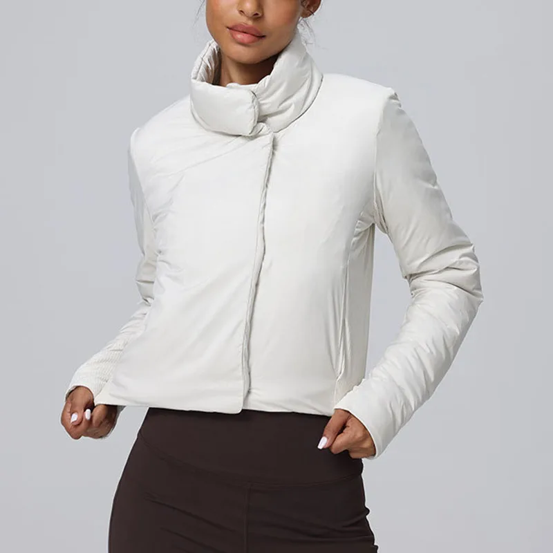 

Autumn Winter Women Slim Yoga Parkas Thicken Warm Sports Coats Solid Color Cotton Jackets Female Stand Collar Button Outerwear