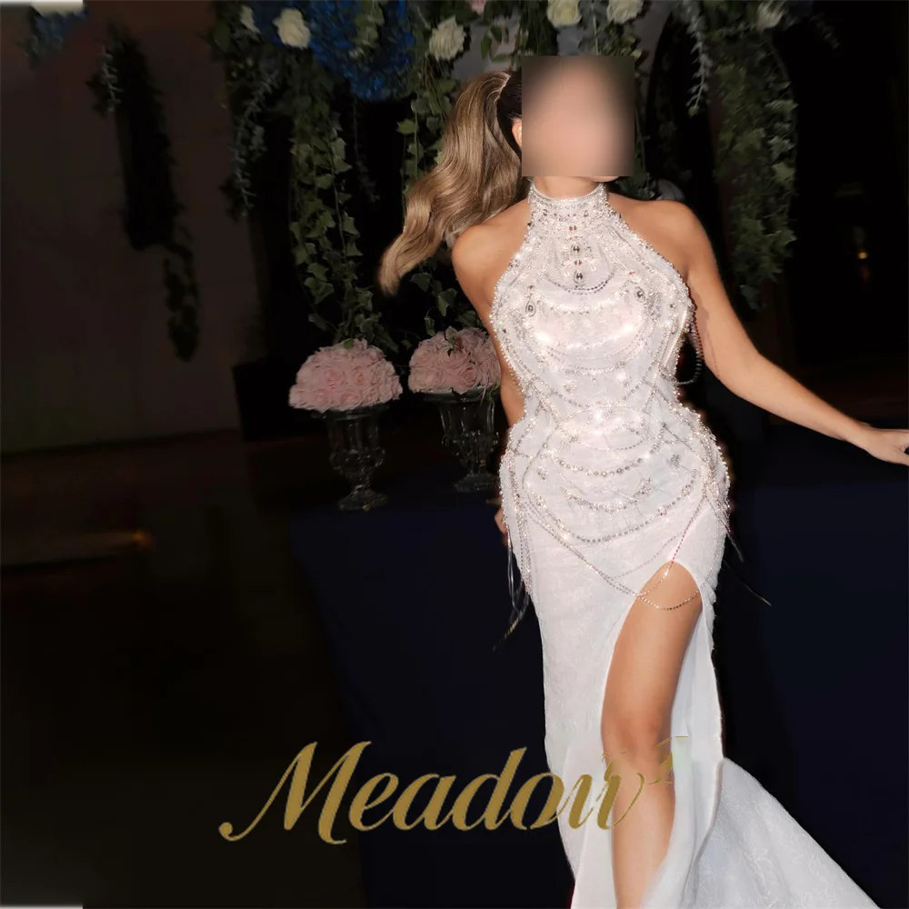 Meadow White Prom Evening Dresses Rhinestone Fringe Gala Dresses Halter High Neck Sleeveless Dresses For Prom Customizable