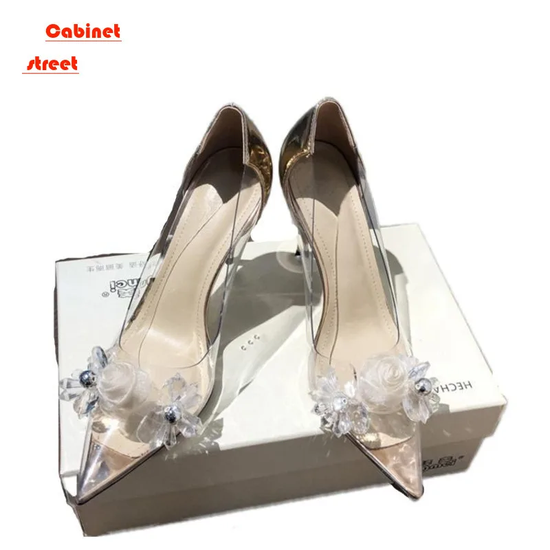 

Summer New Banquet Flower Crystal High Heel Single Women Shoes Fairy Rhinestone Transparent Pointed Stiletto Heel Sandals Pumps