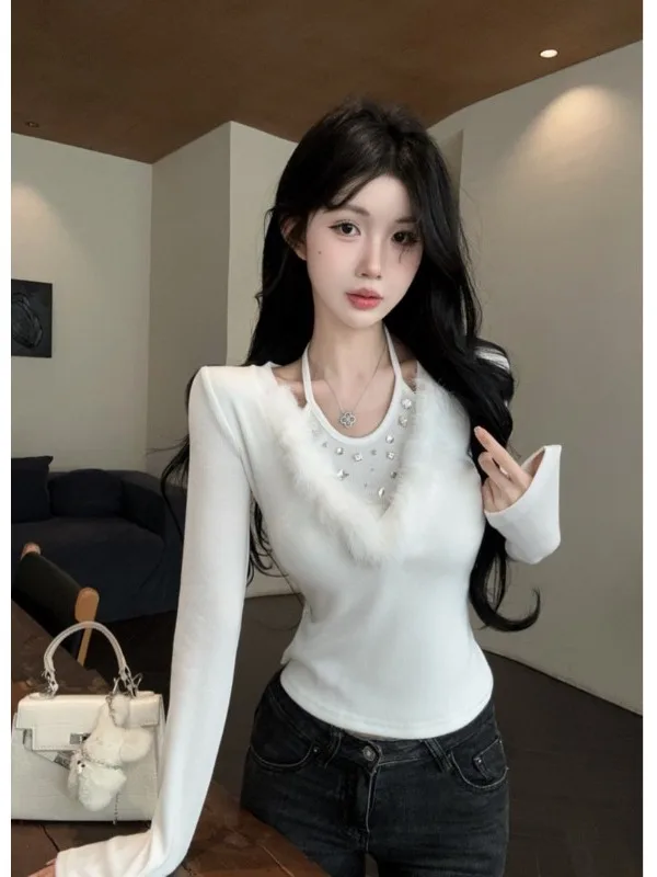 

Элегантный вязаный топ с V-образным вырезом для женщин, модный осенне-зимний свитер с имитацией двухслойности и стразами, Nicole Rose