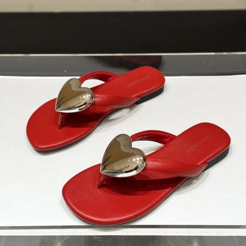

2026 New Minimalist Heart Metal Flip-Flop Sandals Women's Square Toe Flat Slides Chic Casual Summer Outerwear Shoes