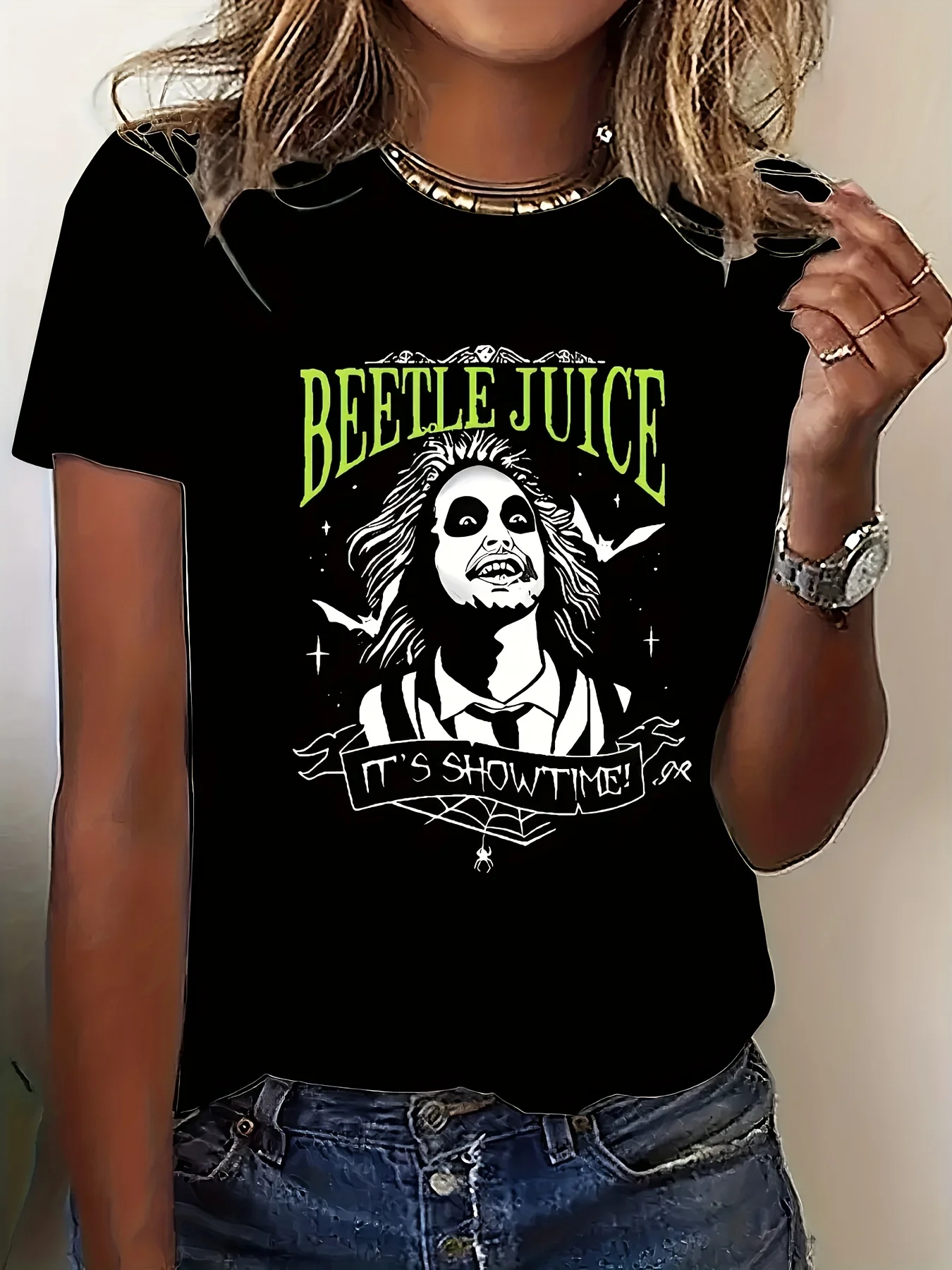 Beetle Juice Print Crew Neck T-shirt, Casual Short Sleeve Top For Spring & Summer, Women\'s Clothing