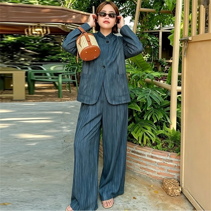 Guobioziy Women's Linen Striped Blazer 2026 Spring-Autumn New Model Solid Color Button Design Euro-American Casual Street Daily