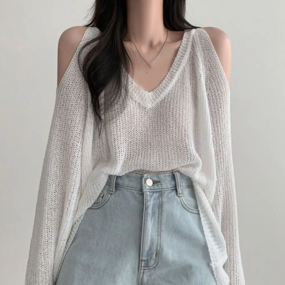 Atasan Rajut Berlubang Model V-neck, Pullover Rajut Crochet, Chic Lengan Panjang, Rajutan Longgar untuk Wanita