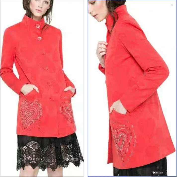 Foreign trade original single Spanish new vintage embroidery dark flower stand collar long trench coat