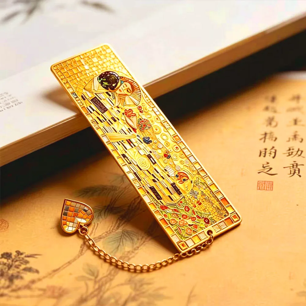 Gustav Klimt Kiss Metal Bookmark with Chain Heart Pendant World FamousBook Mark Vintage Art Stationery Gift for  Reader Writers