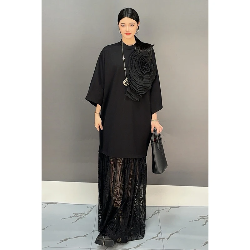 2024 Autumn New Elegant Black Patchwork Flower Loose Long Dress Women Fashion Long Sleeve Lace Dress Wholesale J500