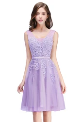 Short Pink Prom Dresses Elegant A line V Neck Sleeveless Lace Applique Lilac Mini Prom Gown Lace Back Formal Evening Party Wear