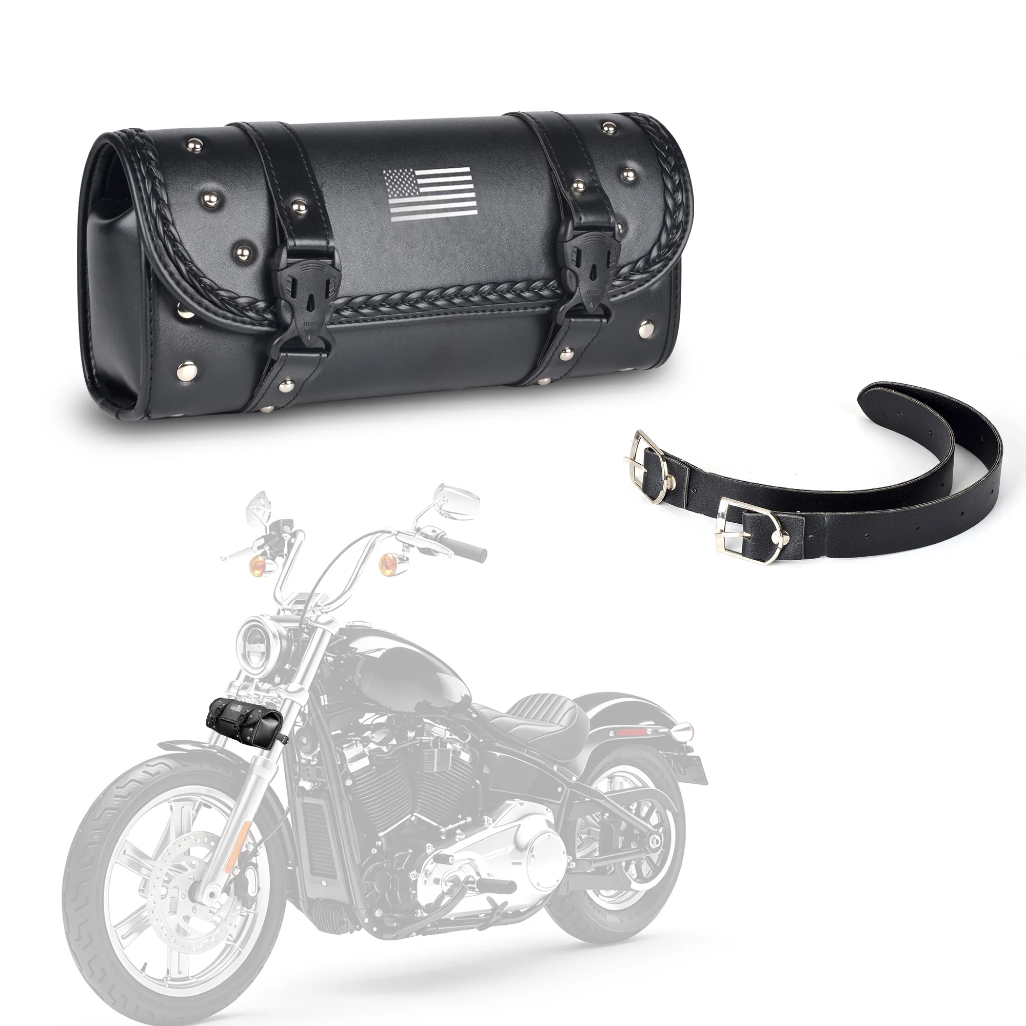 Universal Motorcycle Handlebar Bag, Waterproof PU Leather Tool Storage Pouch with US Flag Patch, Fits for Harley