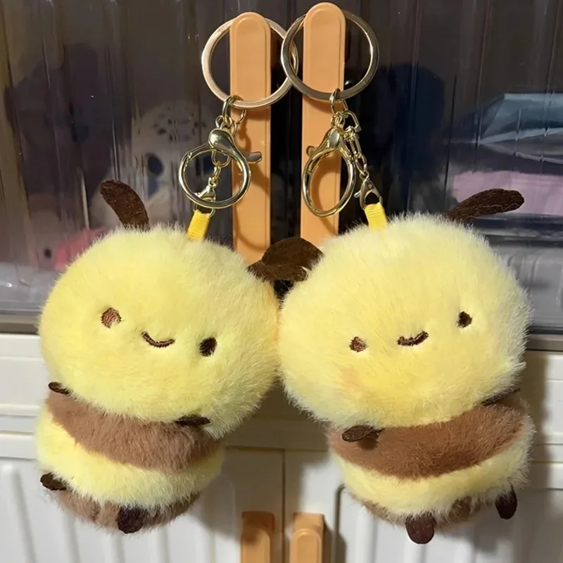 Fluffy Cute Bee Pendant Bag Charm Keyring Little Bee Cartoon Kawaii Keychain Small Pendant Plush Toy Schoolbag Decor Gifts