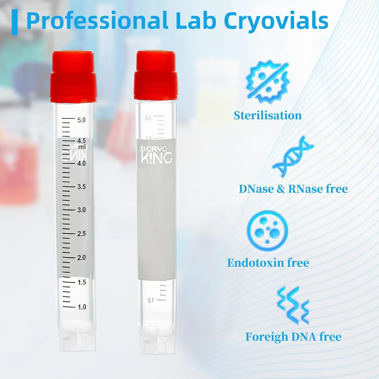 5ml Plasitic Cryovials, Sterilisation Lab Freezer Tube External Thread Lab Vials with Red Caps, Lab Tubes with Side Barcod