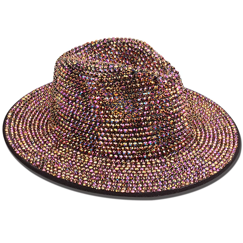 Chapeau de Cowboy unisexe entièrement en diamant Panama pour hommes et femmes, chapeaux de Jazz à large bord, Design en strass, fête sur scène, Performance sur scène, Fedora