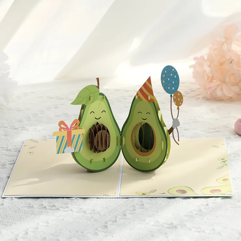 1 Set of Cartoon Cute Birthday Cards, Avocado New Year Greeting Gifts, 3D Handmade Greeting Cards, Creative 3D Paper Cards