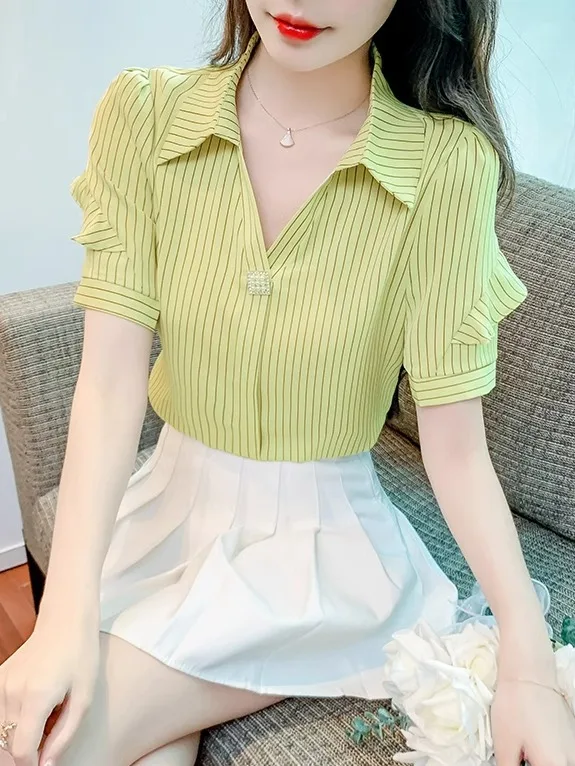 

Summer New Collar ort Sve Vertical Stripes Chiffon irt Women Faion Anti-aging irt Belly Cover Sli Top