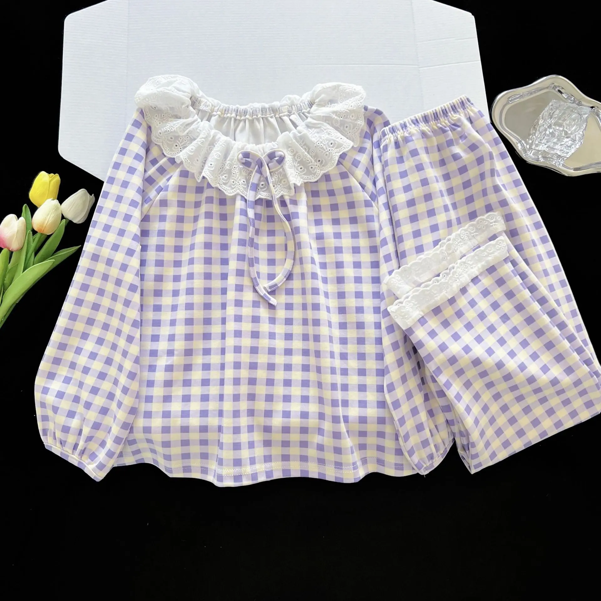 Girls Gingham Pajama Set Lace Ruffle Collar Long Sleeve Top Pants 2-Piece Kids Loungewear Pink/Purple/Blue Casual & Nightwear