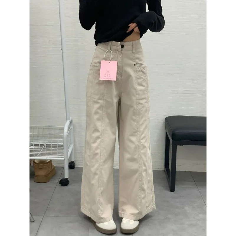 Deeptown Straight Wide Legs Women Jeans High Waist Korean Style Baggy Denim Pants Streetwear Casual Summer Solid Color Trousers