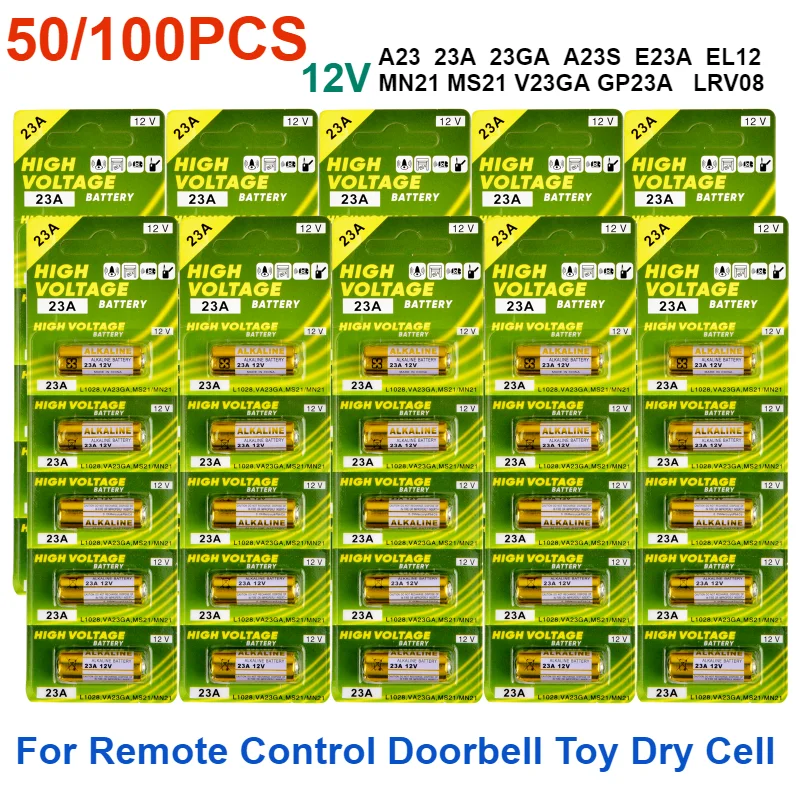 50/100PCS 12V Alkaline Battery for Remote Control Doorbell Toy Dry Cell A23 23A 23GA A23S E23A EL12 MN21 MS21 V23GA GP23A LRV08