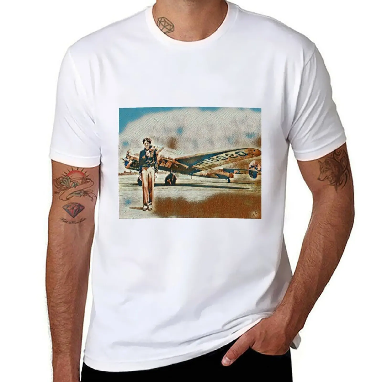 

Amelia Earhart With Her Lockheed Electra Circa 1937 Faux Painting T-Shirt t shirt man cotton man t shirt cotton T-Shirt