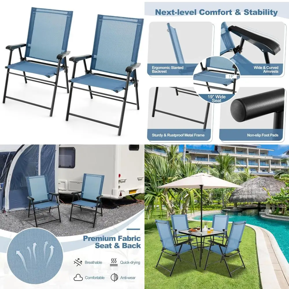 Folding Outdoor Sling Chairs Set of 2, Breathable Fabric Back & Seat, Portable Dining Camping Chairs
