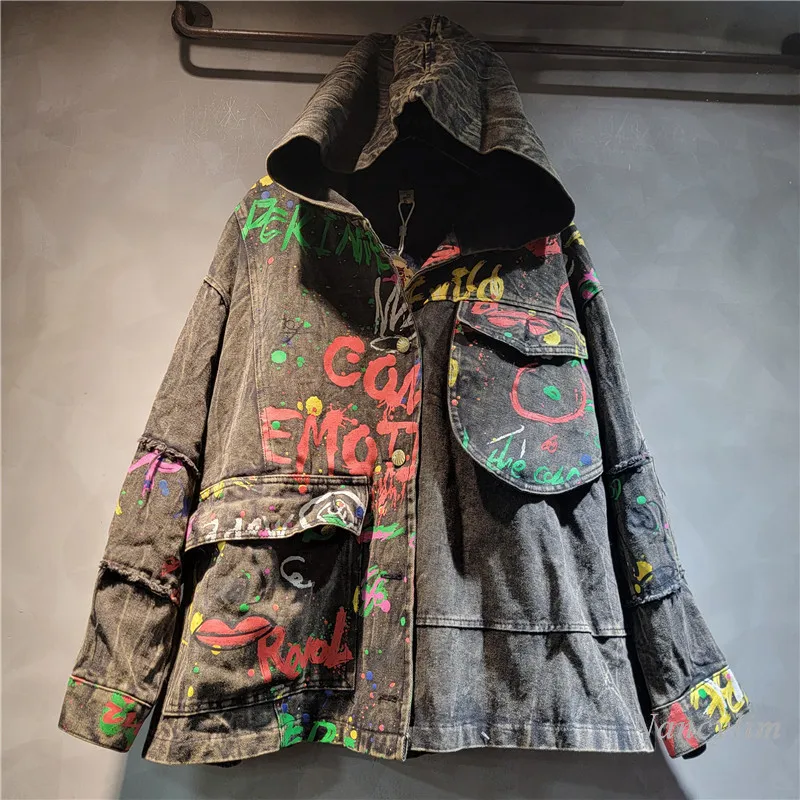 

Personalized Niche Design Painted Spray-painted Hooded Denim Jacket Women's 2024 Autumn New Loose Short Jackets Coats