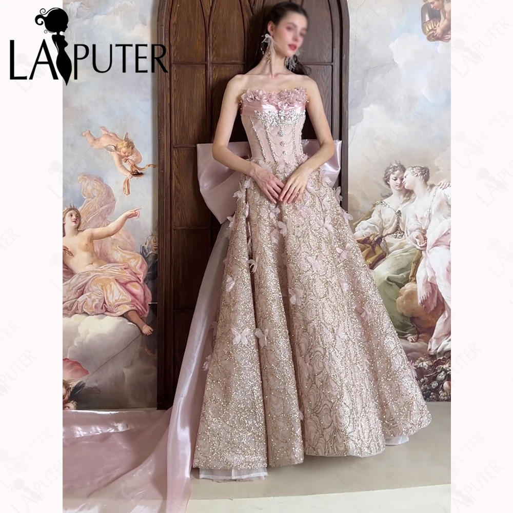 

Luxury Pink Prom Dress Royal Girl Evening Gown Flower Neck Illusion Bodice Luxury Gold Skirt with Petals Elegant Party Dress